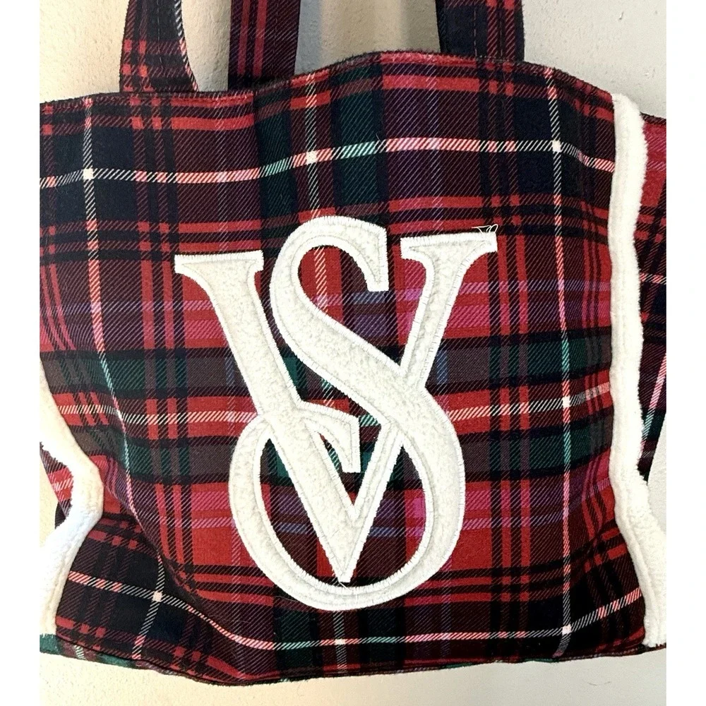 Victoria's Secret VS Faux Fur‎ Sherpa Plaid Flannel Large Tote Bag Purse Red